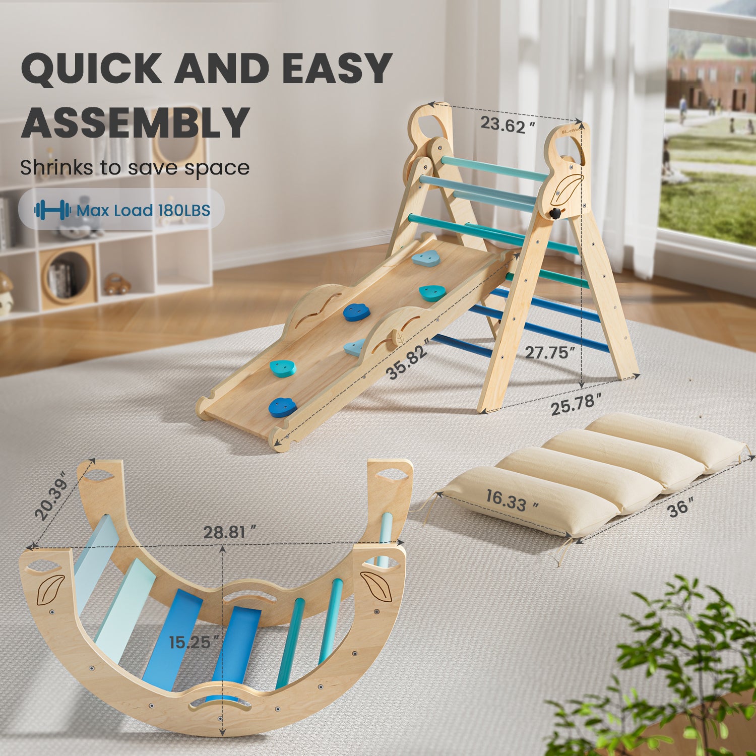 BlueWood Montessori Triangle Climbing Set, Indoor Playground for Kids - 3 - Piece, Complete with Pads